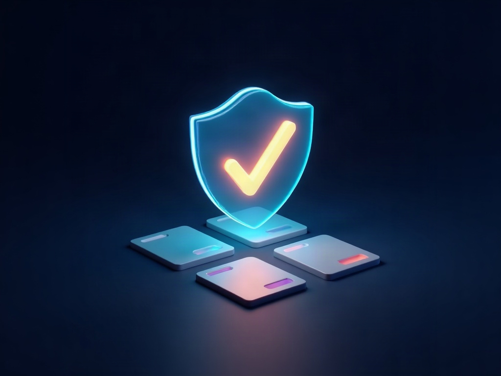 A shield with a check mark above member account cards