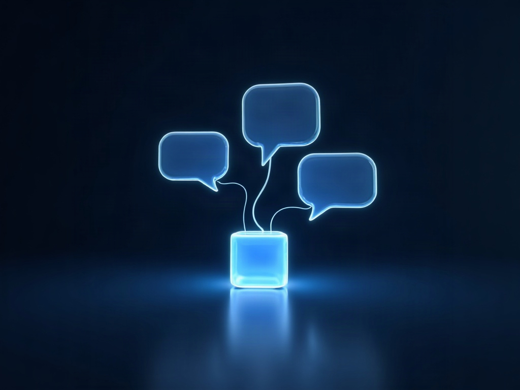Glass chat bubbles linked to a glowing bot node