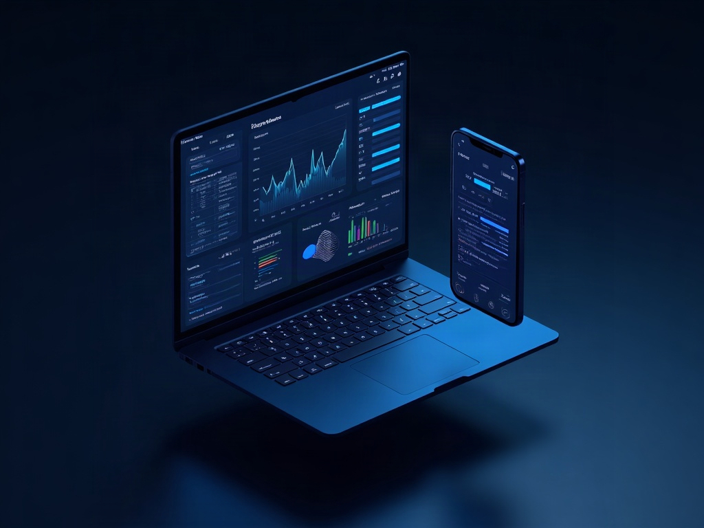 A laptop and phone showing a dark operations dashboard